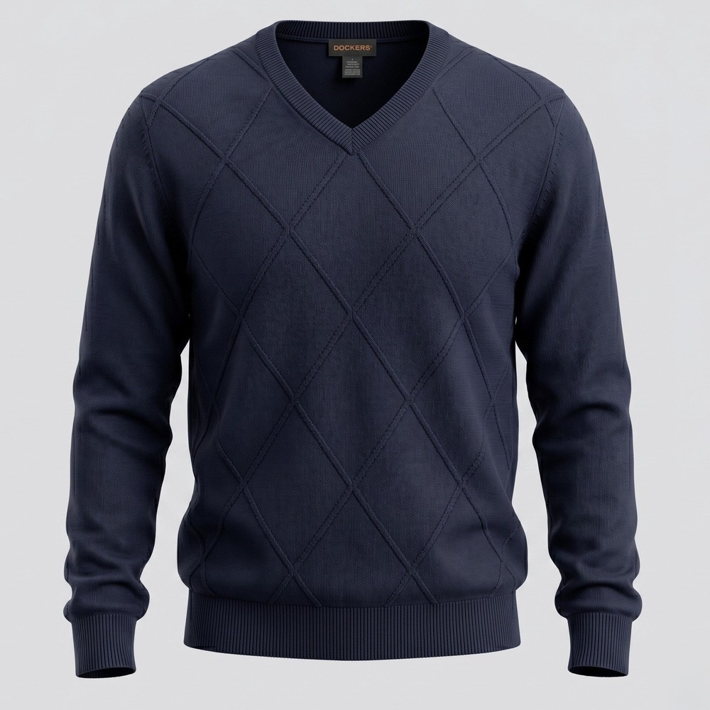 Dockers Mens XL Navy Blue Sweater V-Neck Argyle Pullover Knit Long Sleeve